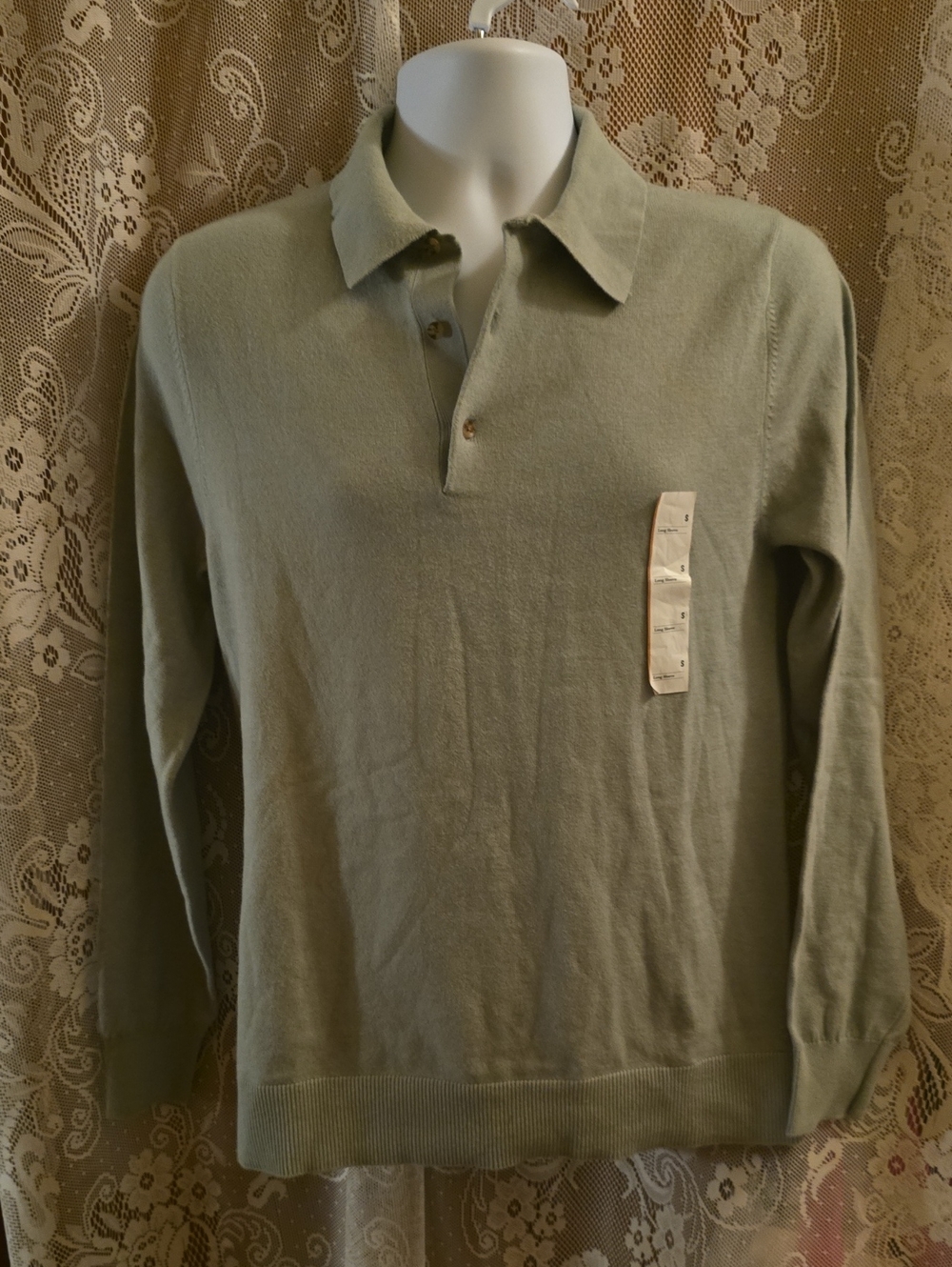 New Goodfellow Mens S Light Sage Green Long-Sleeve Knut Sweater Polo